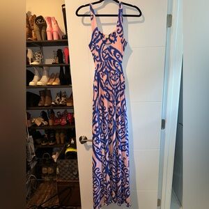 Surf Gypsy Blue and Pink Halter Maxi Sundress